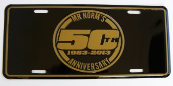 Mr Norm 50th Anniversary Gold-Black License Plate - Click Image to Close